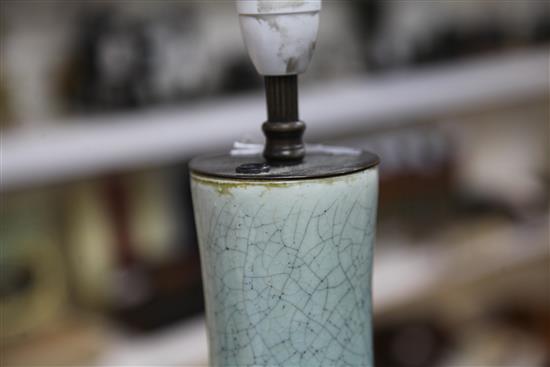 A Chinese celadon crackle-glaze bottle vase, mounted as a lamp, 20th century, height 41cm to rim of vase incl. stand